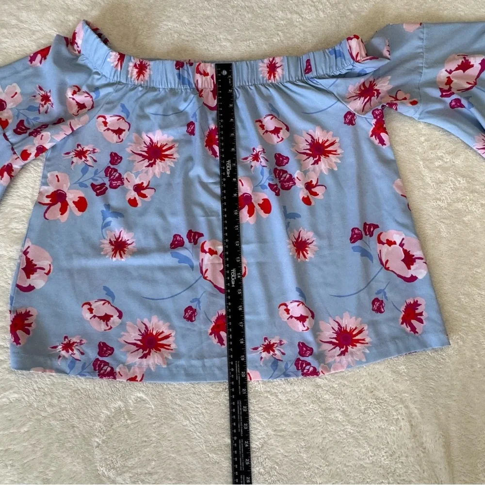 Mud Pie Blue Floral Off The Shoulder Bell Sleeve Blouse Large - Picture 10 of 10